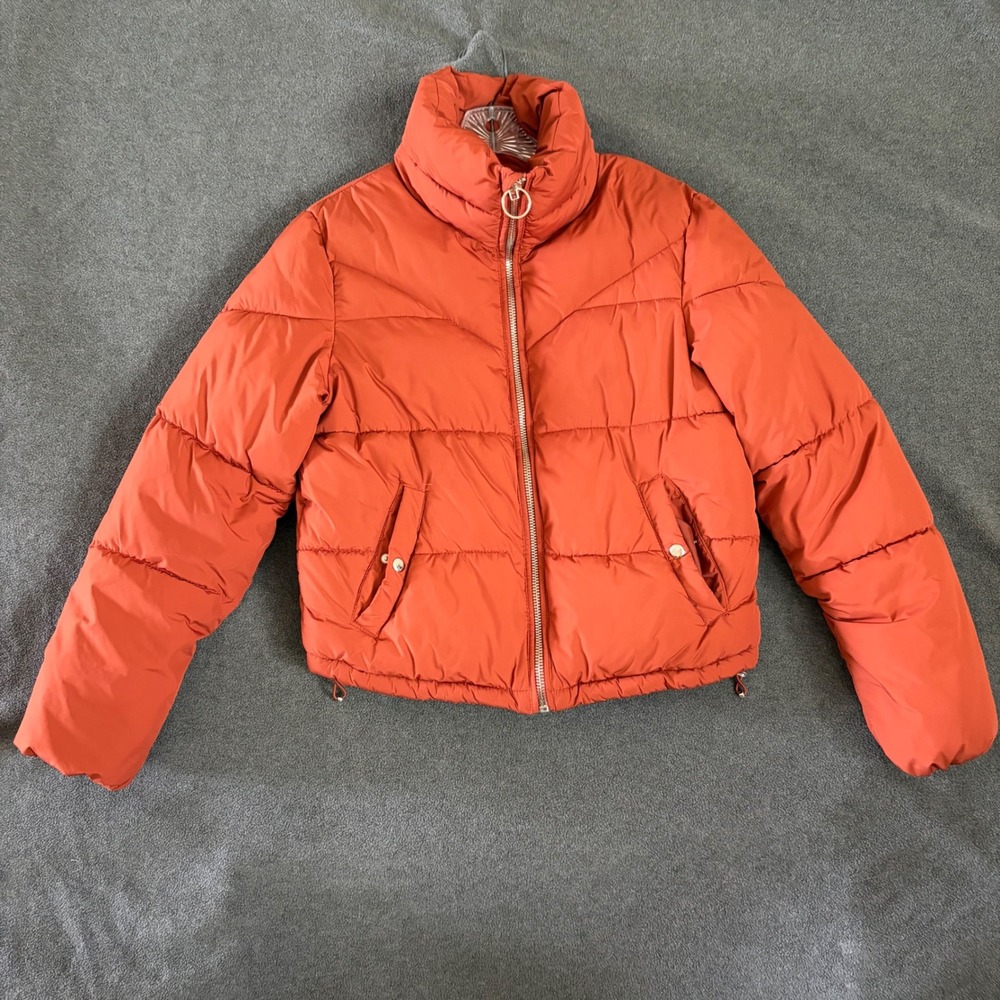 Bershka Puffer Jacket Kids Size S Orange Quilted Full Zip Stand Collar Warm Coat